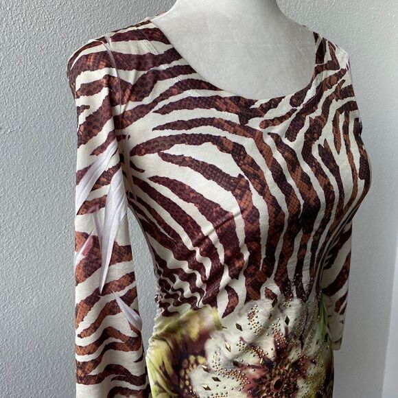 Cache White Brown Animal Stripe Floral Beaded Ruched Y2K Jersey SZ S - Picture 4 of 14